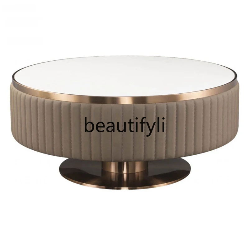 

Modern simple stainless steel round coffee table living room light luxury marble tea table microfiber leather tea table
