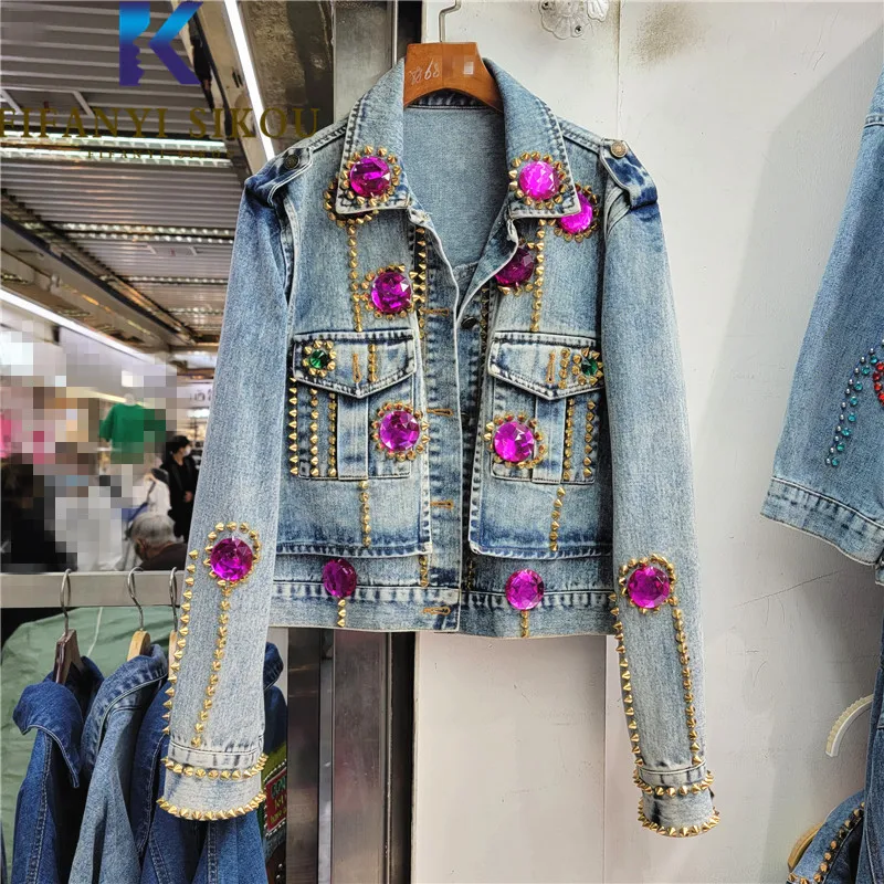 

Jeans Jacket Women Pocket Lapel Rivet Short Denim Jacket Diamonds Fashion Spring Autumn Loose Spliced Jeans Coat Female