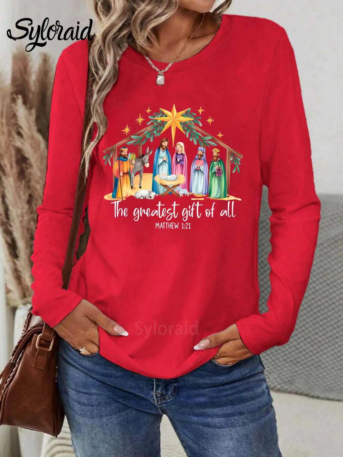 여성용 긴 소매 티셔츠크리스마스 성탄 장면 그래픽 티셔츠패션 라운드 넥 캐주얼 탑