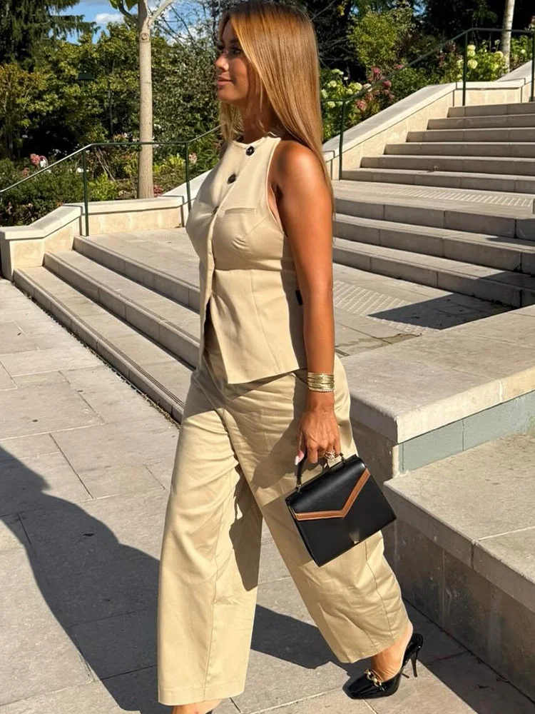 

HH Women Fashion Pants Suit Sleeveless Backless Hanging Neck Collar Autumn Top+Loose Belt Straight High Waist Zipper Trousers