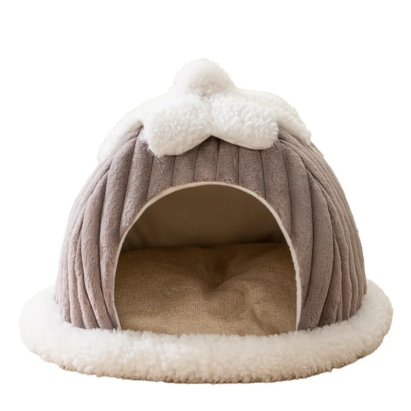 Foldable Dog House for Cats and Small Dogs Enclosed Warm Plush Sleeping Nest Bed with Removable Cushion Indoor Pet Cave Bed Tent