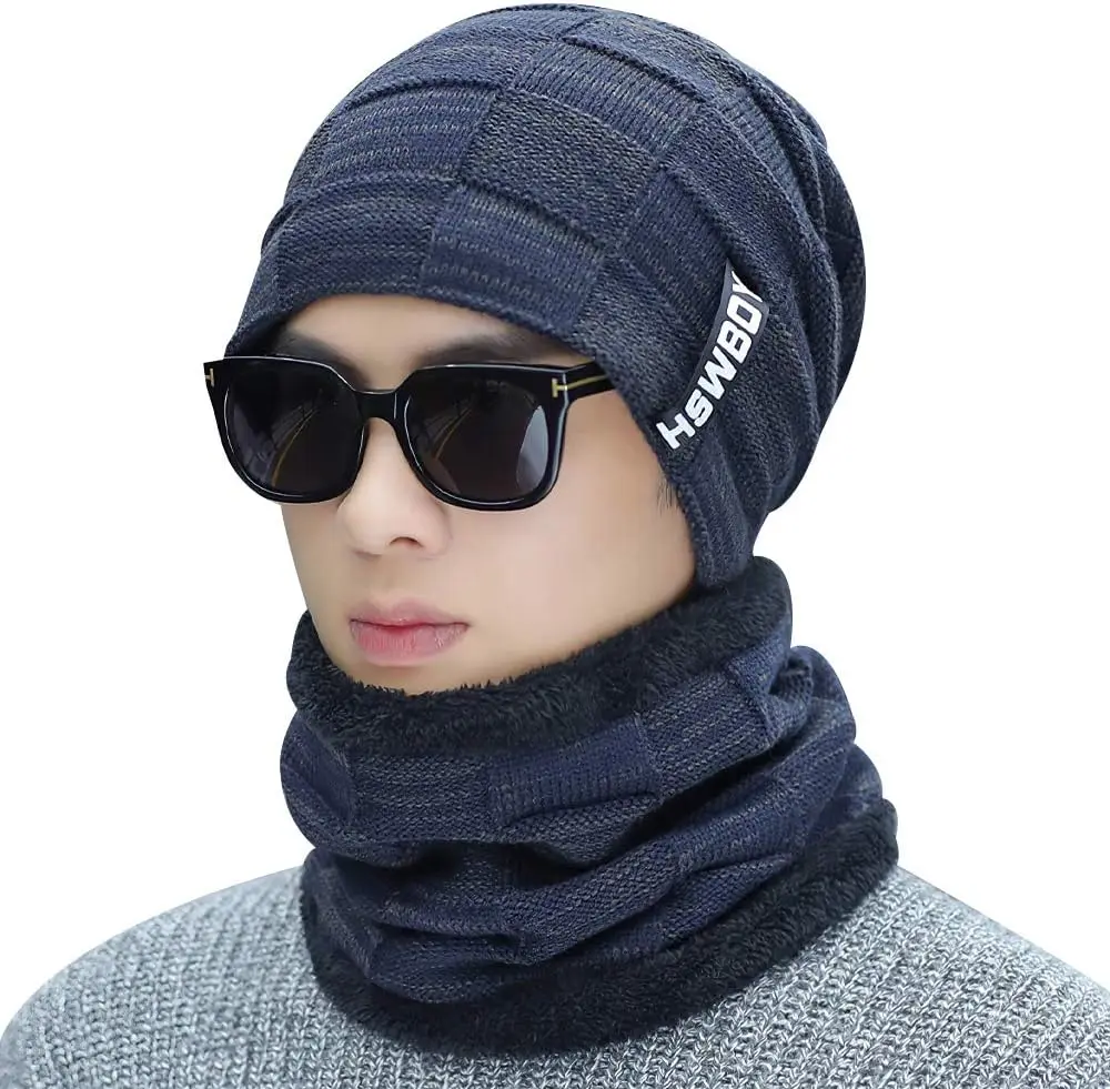 Men's Knit Hat, Neck Warmer, Ski Hat, Short Cap, Sag Cap, Fall and Winter, 2-Piece Set