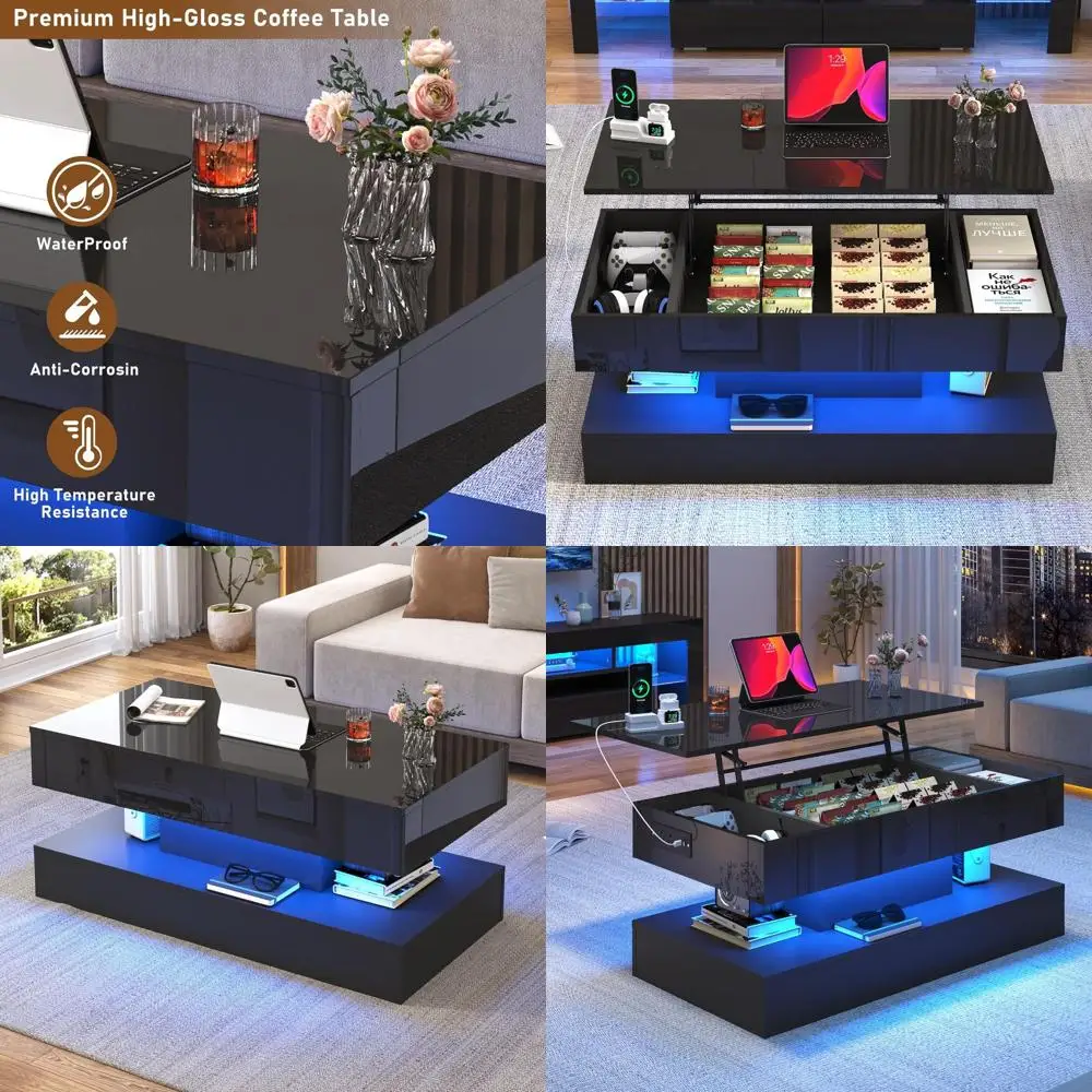 

Large 39.4 LED-lit High Gloss Coffee Table with Storage for Living and Dining Rooms, Bedroom, or Home Office in Black