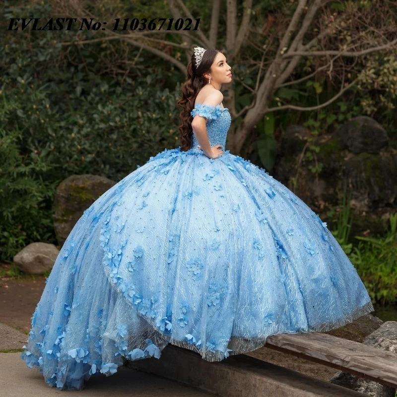 EVLAST 맞춤형 블루 성인식 원피스 볼 가운, 3D 꽃 레이스 아플리케 비즈 코르셋, 스위트 16 Vestidos De XV Anos SQ337