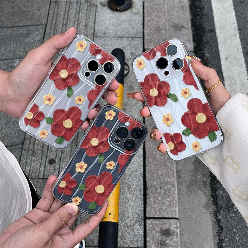 Oil Painting Red Flowers Shockproof Fashionable Phone Case For iPhone 15 Pro Max 14 Plus 13 12 11 XR X XS 8 7 Cover