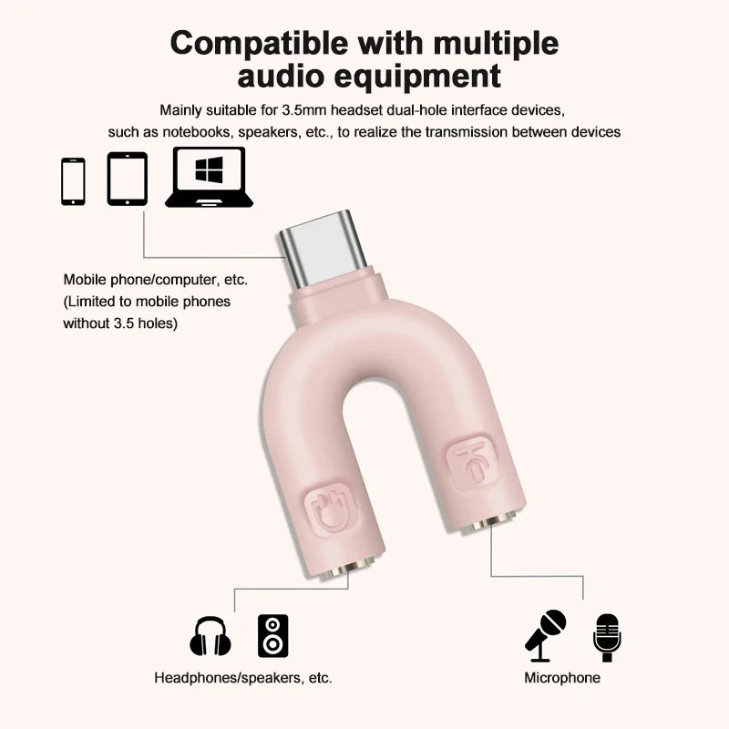 U Type Adapter Dual 3.5 MM Headphone Plug Audio Cables Splitter Microphone 2 In 1 Swivel Connector Audio Converter