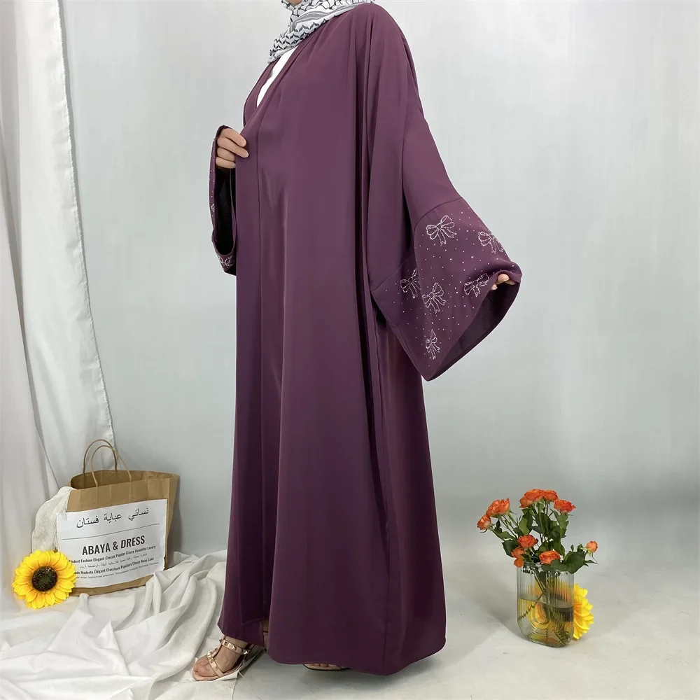 Robe Luxus Heißer Diamant Muslimischen Frauen Lange Lose Kleid Abaya Bogen Robe Lange ärmeln Strickjacke Kleid Einfarbig