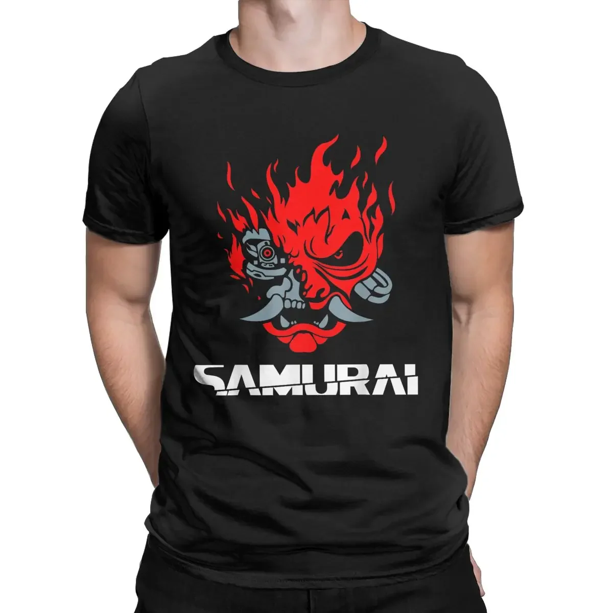 

100% Cotton Funny Short Sleeve O Neck Tees 4XL 5XL T-Shirts Men's Samurai Japanese Demon Cyber T Shirt Vintage Gaming Punk