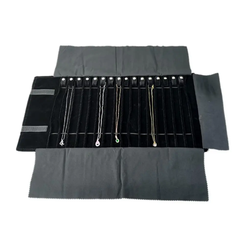 منظم حقيبة مجوهرات مخملية للسفر للقلادة وشريط مطاطي ومضاد لللف سلاسل 16 خالية من التشابك باللون الأسود