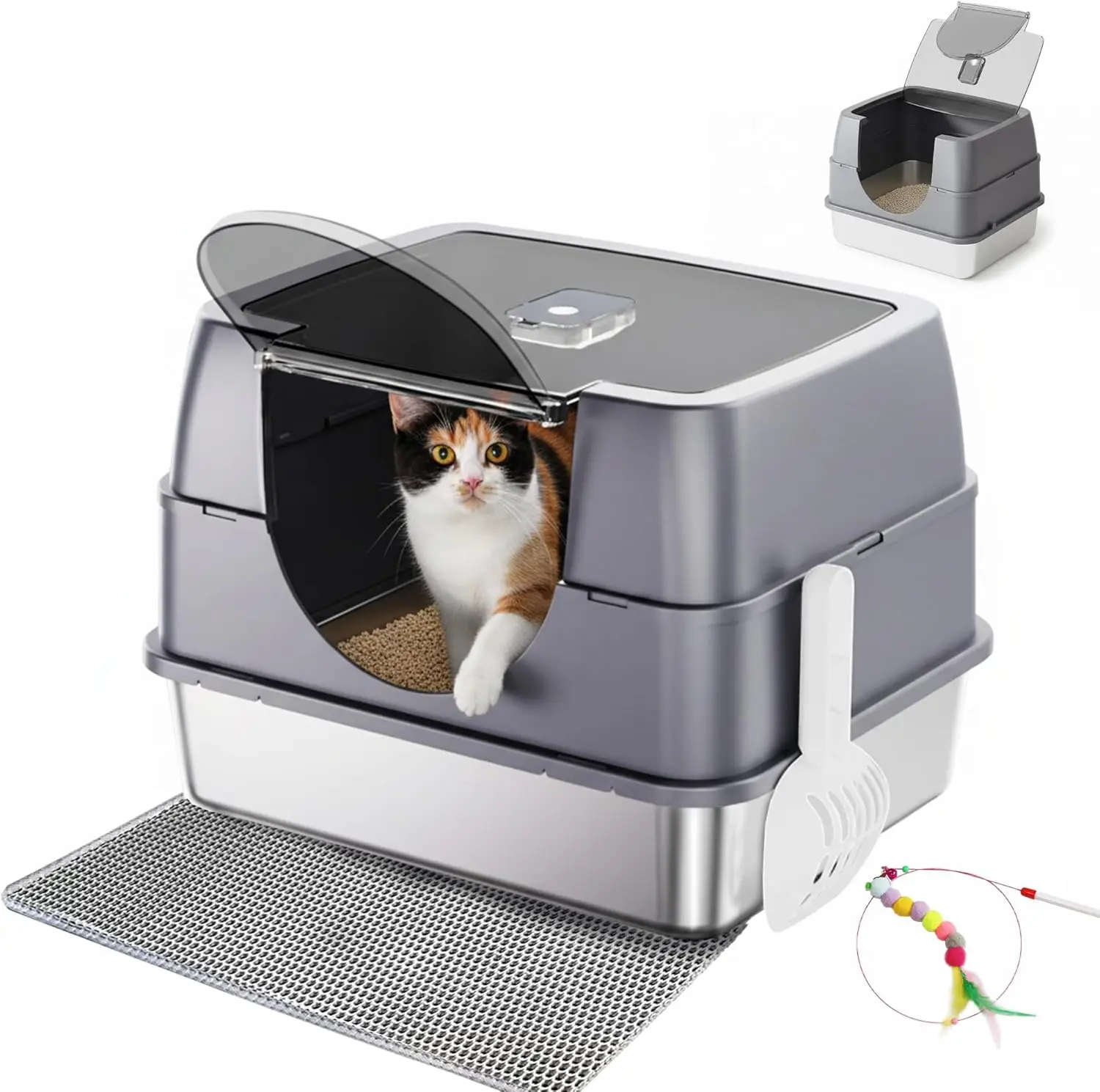 

Enclosed Cat Litter Box with Flip-Top Lid, Stainless Steel Large Covered Litter Box, High Sided Metal Litter Pan with L
