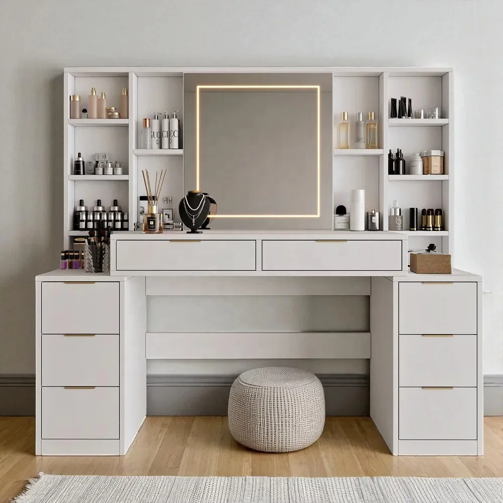 Makeup Vanity Desk with Mirror & Lights Large Dressing Table with 8 Drawers Open Shelves & Adjustable LED for Bedroom