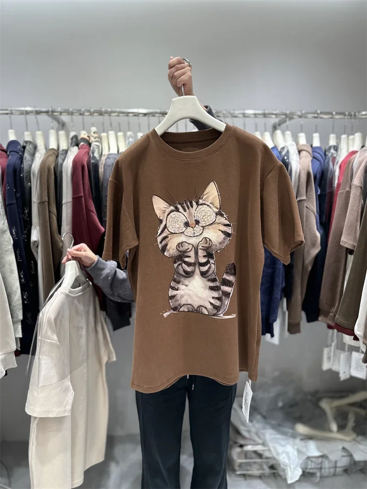 Heavy Industry Thick Cotton Short-sleeved T-shirt Women's Winter 2024 New Versatile Mid Length Bead Cartoon Cat Half-sleeved Top