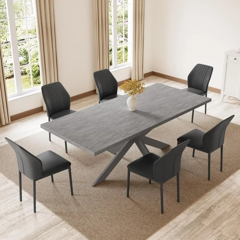 

Dining Table Set of 6-8 People, Rectangular Space-Saving Expandable Tables, Metal Frame Wood Dining Table & 6 Upholstered Chairs