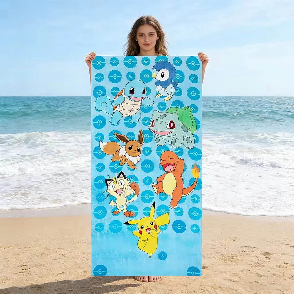 Toalla de playa Pokémon Pikachu Squirtle Bulbasaur con estampado plano, toallas de baño para viajes y fiestas en la piscina al aire libre, regalo para niños y fanáticos
