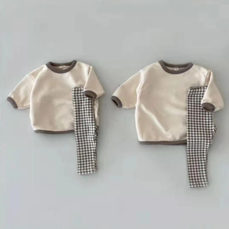 幼児用長袖服セット-ベビー-男の子-女の子-コットンカジュアルスウェットシャツ-チェック柄レギンス-2点セット-無地-子供用スーツ-1-8歳