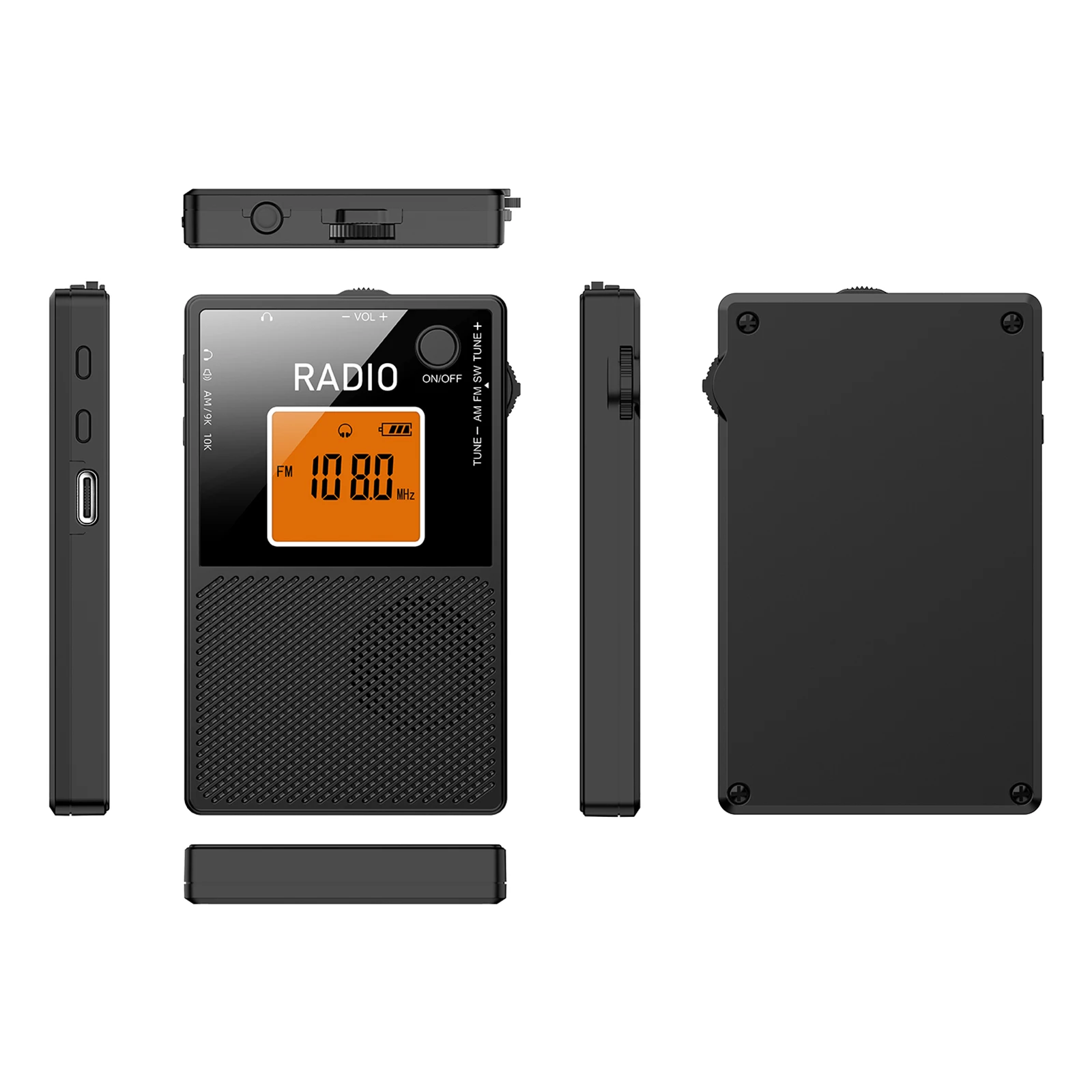 Portable AM FM Radio Type-C Charging Pocket Radios Stereo Sound Speaker LCD Backlit Digital Receiver for Outdoor Camping Jogging