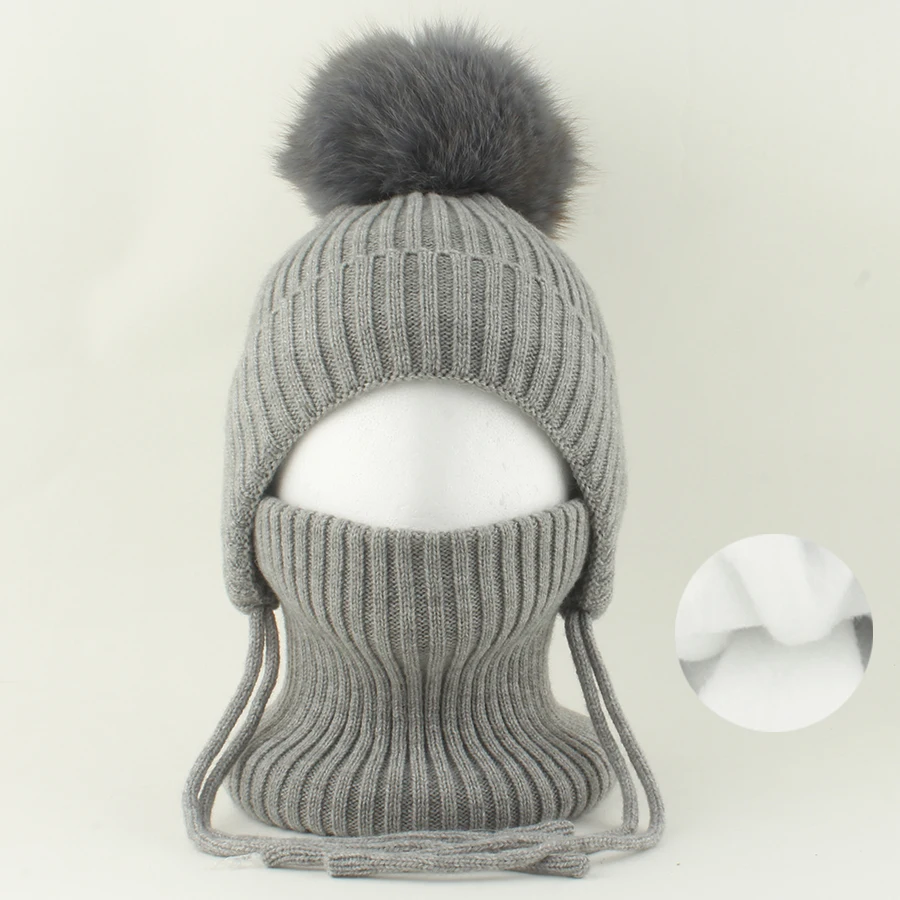 Winter-Wollmütze mit Nackenschutz 2-teiliges Set Echte Fuchsfell-Mütze für Kinder Jungen Mädchen Dicke Fleece Warme Gestrickte Gestreifte Ohrenklappe Baby Skullies Mütze – Detail 27