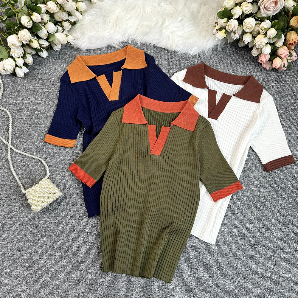 

Polo Collar Knitted Sweater Women's Outer Wear Summer Temperament Slim Short-sleeved Thin Knitted T-shirt Top Trendy