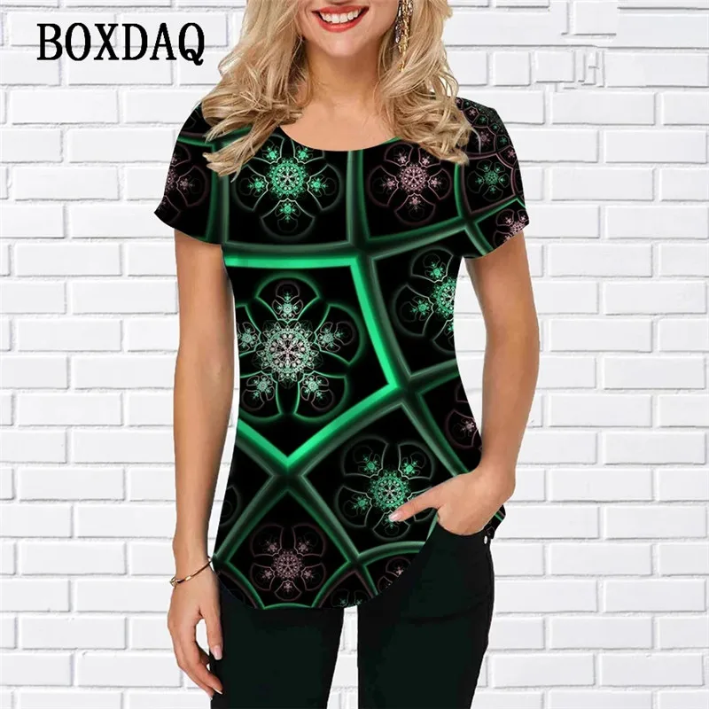 Plaid Striped Women Floral Vintage T-Shirts Summer Short Sleeve 3d Flower Printed Casual Oversized Tops O-Neck Ladies Clothing