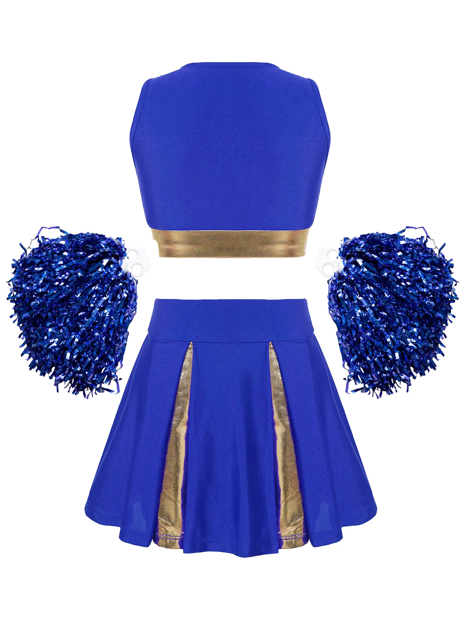 Girls Cheerleader Uniform Dance Costumes Sleeveless V Neckline Cheers Print Crop Top with Pleated Skirt and Pompoms Sets