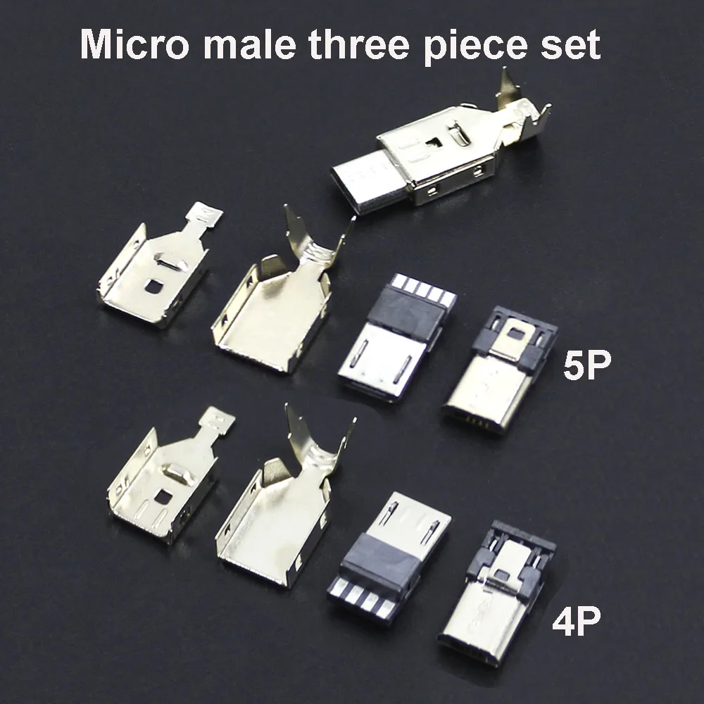 

USB Mirco Three Piece Welding Type Male Plug Connector 4Pin 5Pin USB Tail Charging Jack 3 in 1 Metal DIY Data Cable Accessories