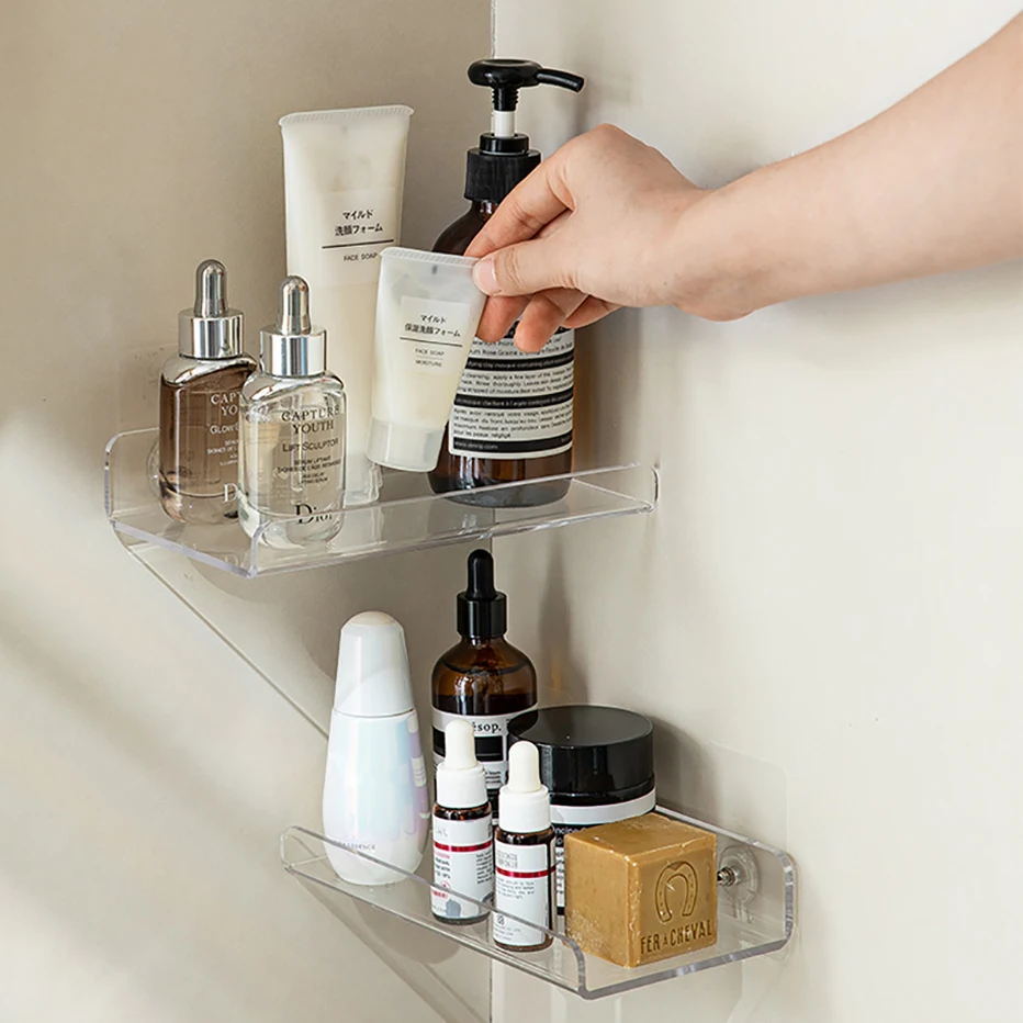 Clear acrylic floating shelf — self‑adhesive wall storage for books, toys, bathroom soap dispenser & décor 3