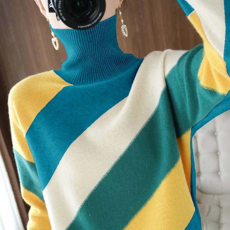 High Collar Sweater Women\'s 2023 Spring Autumn Knitwear Loose Thicke Stripe Color Contrast Soft Knitwear Jumpers Basic Sweaters