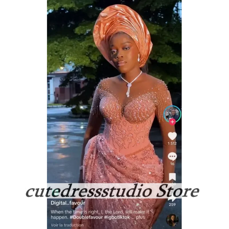 

Light Pink Long High Quality Beaded Tassel Evening Dresses For African Girls Aso Ebi Wedding Party Dress Prom Gowns Customized