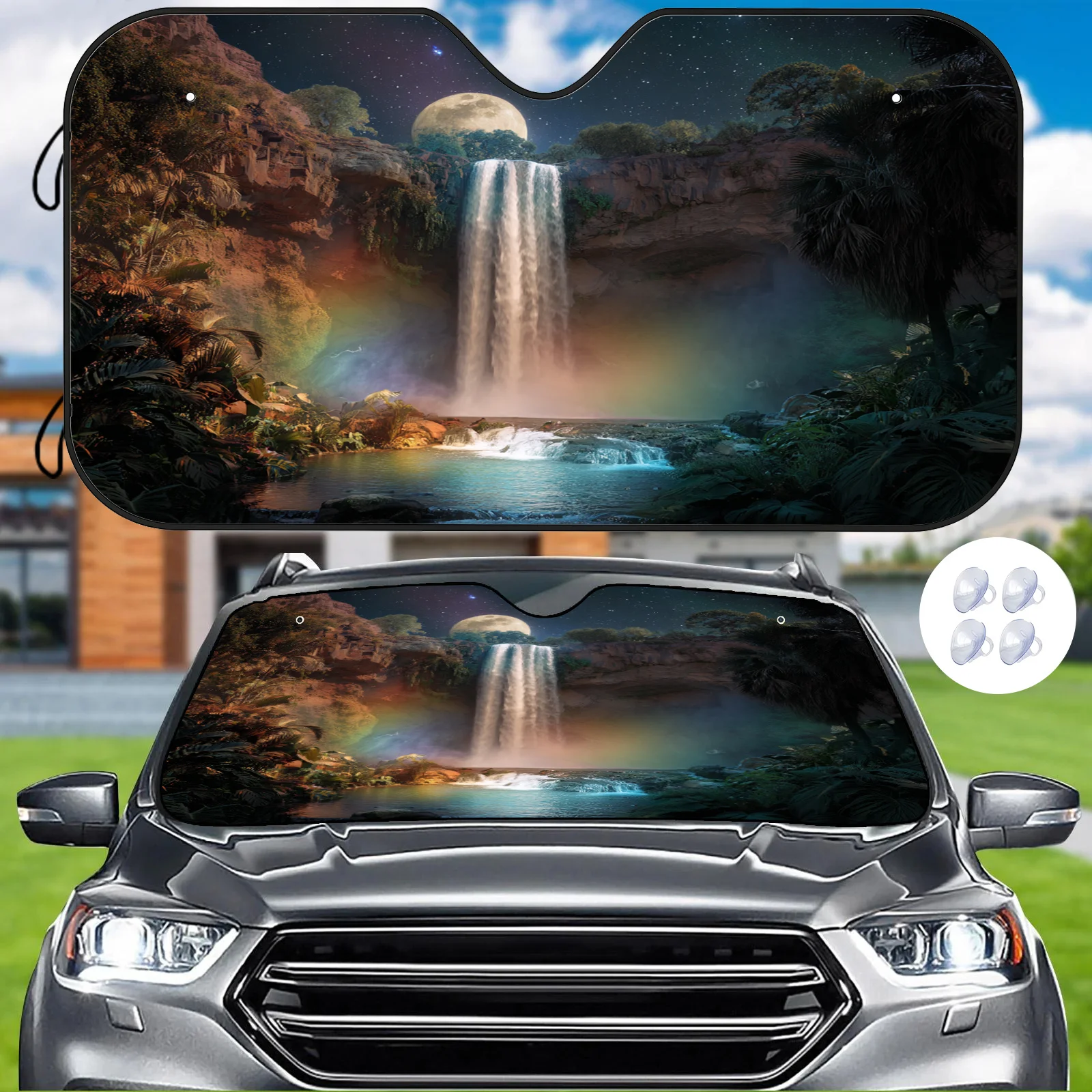 Starry Night Waterfall Scene Car Sunshade, Rainbow Moonlight Gradient Pattern, Heat Insulation And Sun Protection, With 4 Suctio