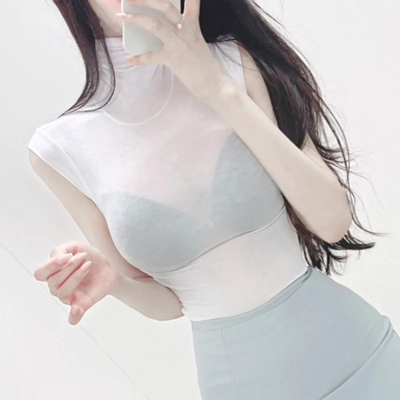 

Сексуальная прозрачная облегающая футболка с высоким воротником, женская приятная для кожи удобная корейская моющийся топ
