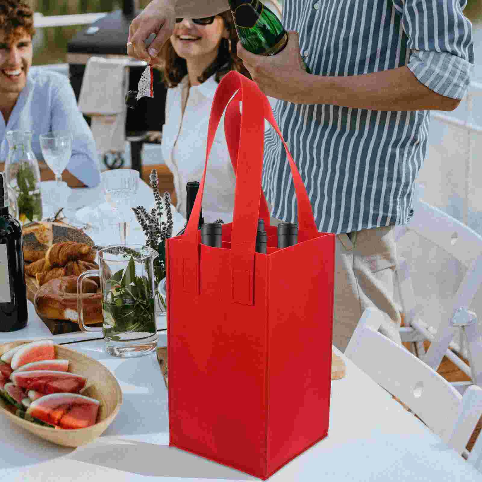 

4 Bottle Red Carrier Gift Tote Bag Portable Storage Pouch Foldable Felt Fabric High Capacity Shopping Needs
