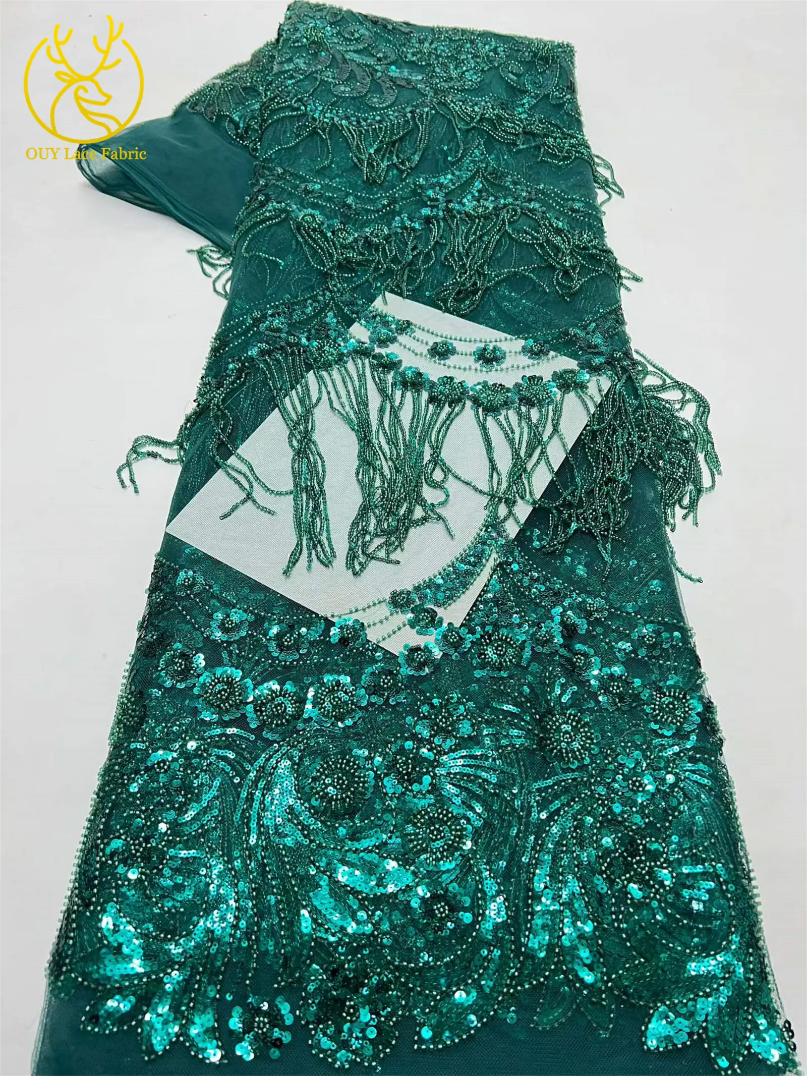Afrikanischer 3D-Quasten-Perlen-Spitzenstoff 5 Yards Französischer Tüll Pailletten-Spitzenstoff Nigerianischer Netzspitzenstoff für Hochzeitskleider – Detail 15