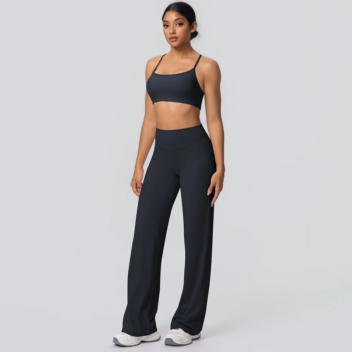 Frauen Gym Sport Yoga Anzug Sexy Schöne Zurück Yoga Unterwäsche Mit Brust Pad Einfarbig Hohe Taille Breite Bein Hosen Yoga Set – Detail 16