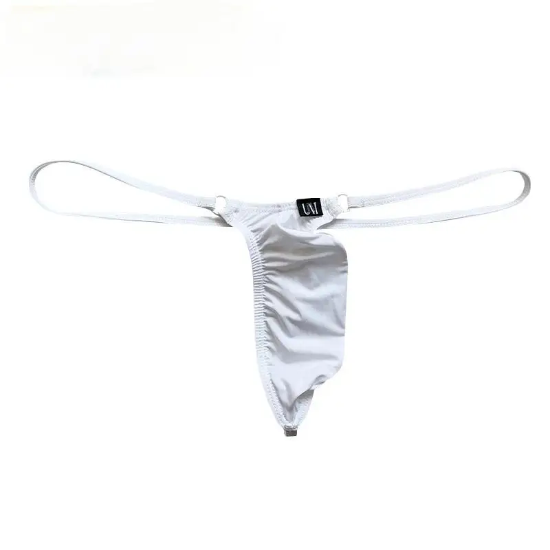 New Plain  Upwarped Thong Men\'s Thin Ice Silk Sexy Pure G-string Thin Belt Boys Double Ring T-Pants Translucent  Nylon  Material