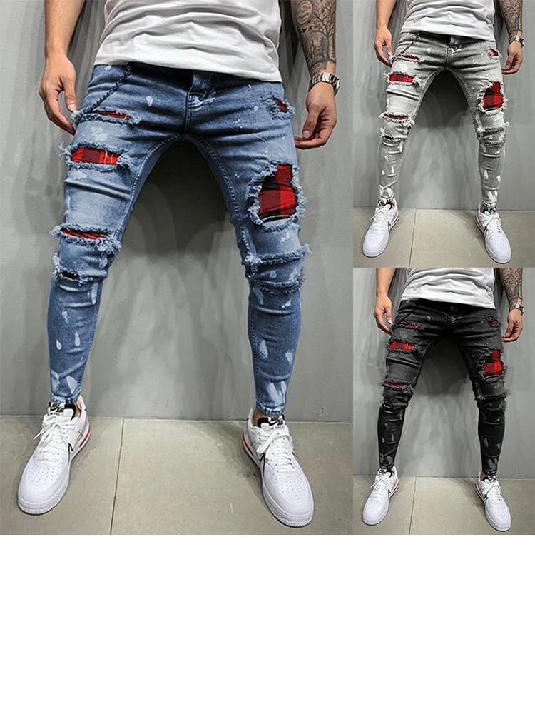 Fashion Street Ripped Jeans 2024 Multi-Patch High Stretch Skinny Pants S-3XL Cycling Hip Hop Style Men's Pants