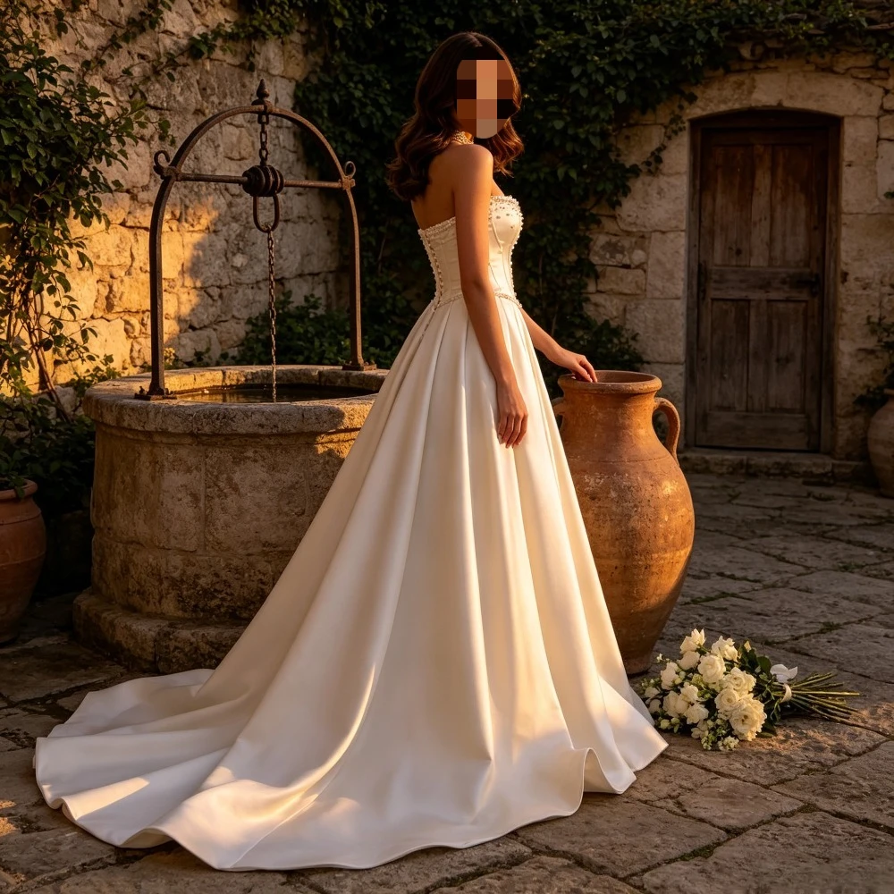 Customized Strapless Curved V A-Silhouette Gown Beaded Corset Bodice Soft Draped Fabric Wide Flowing Floor Skirt Bridal Gown