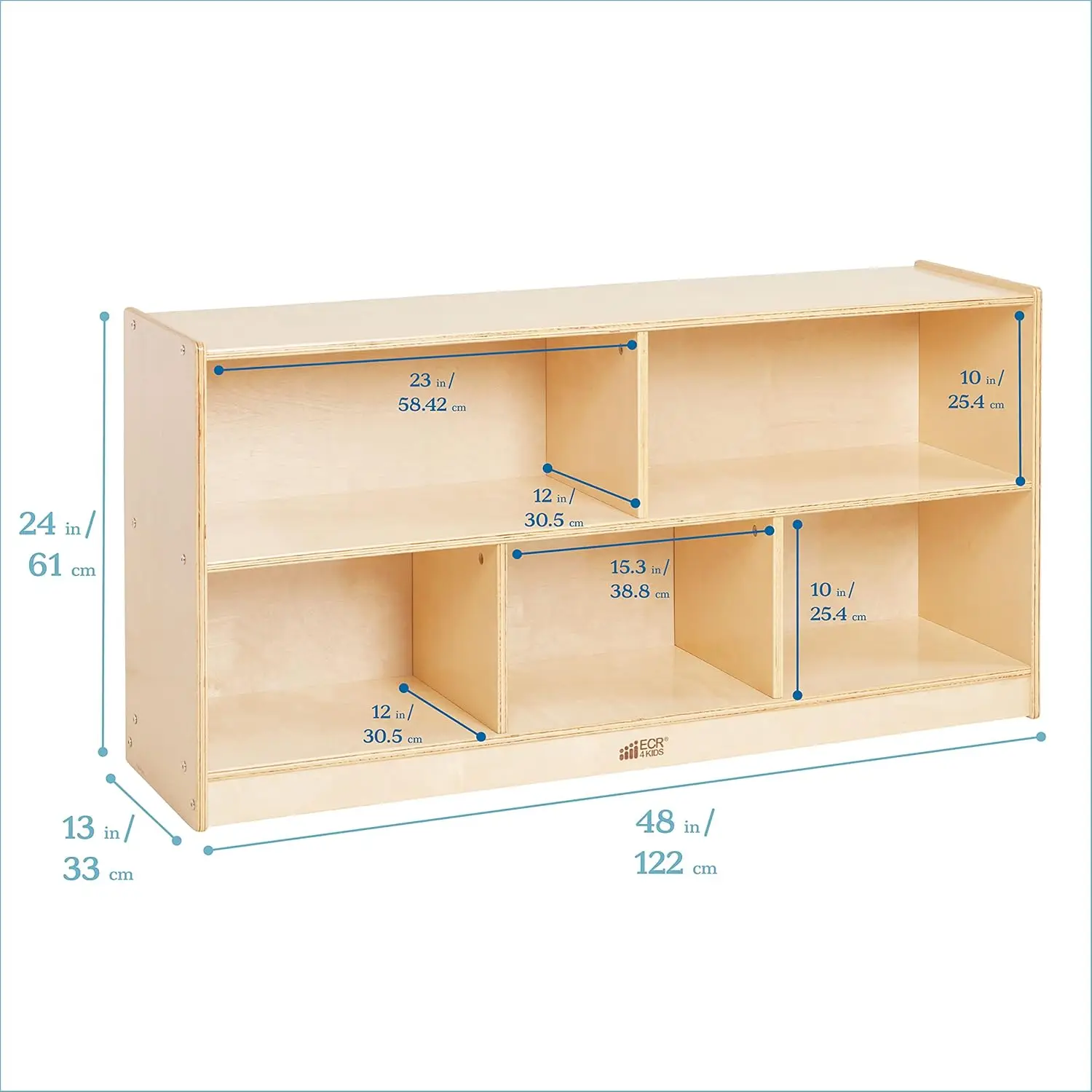 Mobiele opbergkast met 5 compartimenten, 24 inch, klasmeubilair, naturel