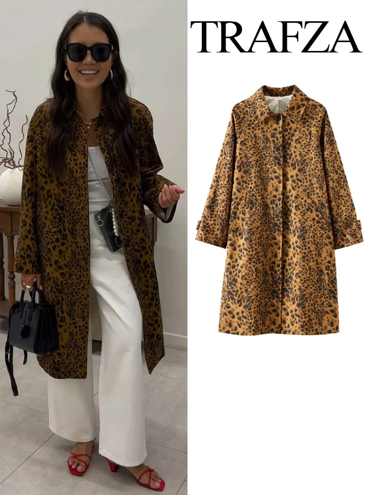 TRAFZA Spring Retro Leopard Lapel Women\'s Jacket Street Coat Chic Long Sleeve Hidden Button Pocket Loose Women\'s Slim Coat TRAF