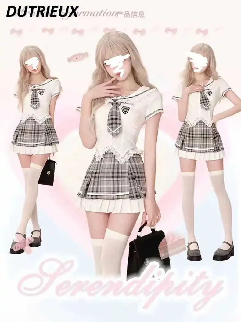 JK Uniform Preppy Style Two Piece Set Summer Sailor Suit Sailor Collar White Short-Sleeved Shirt and Gray Plaid Hip Skirt