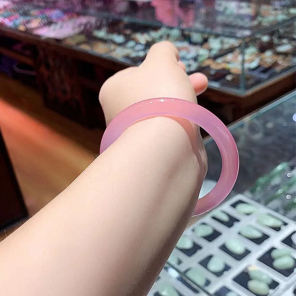 Accessories Natural Pink Chalcedony Agate Jade Stone Bangle Round Narrow Peach Color Jewelry Quality Bracelet Lucky Gift