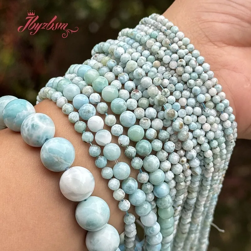 Round Faceted Smooth Blue Larimar Natural Stone Loose Beads 15 inches for DIY Charm Bracelet Necklace Jewelry Making 4/6/8/10mm