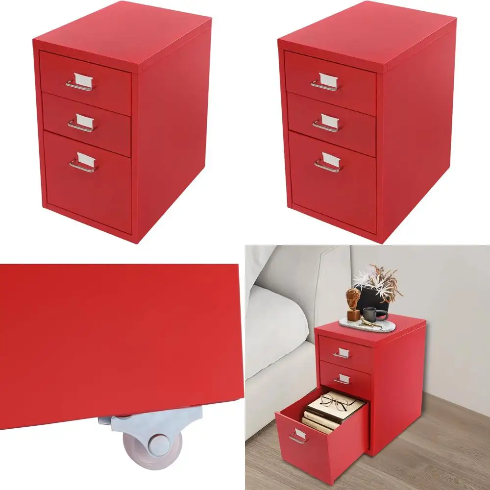 

Wheeled Metal Vertical File Cabinet for Home Office Storage, Anti-Tilt, No Lock, Red