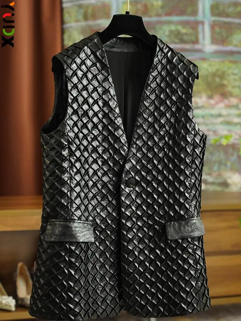 

YUDX Pleated Leather Vest 2024 Fall New Single Breasted Sleeveless Design Fashion Black Women Jacket