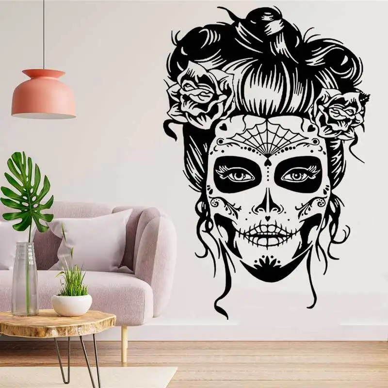 Day of The Dead V2 디자인 비닐 벽 스티커, 장미 설탕 해골 여성 멕시코 집 거실 침실 아트 데코 스티커, 벽화 KL3