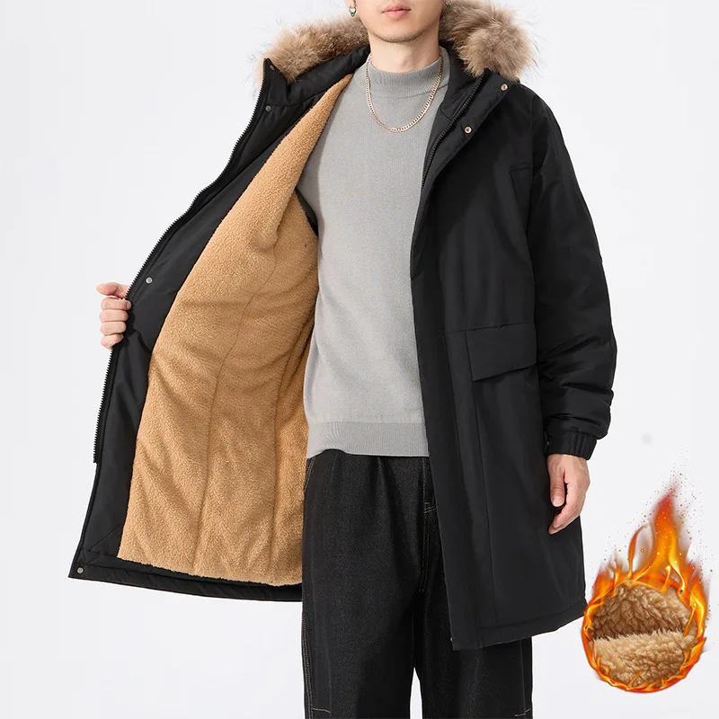 

Thiened Fce Lined Workwear Cotton Jaet Trendy Men's Mid-Length Parka Coat with Large Fur Collar Faionable Urban Sle