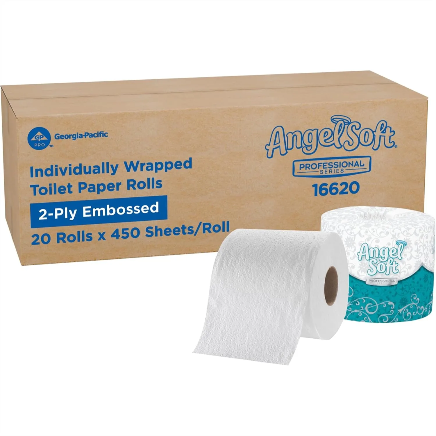 

Professional 2-Ply Embossed Toilet Paper 450 Sheets Per Roll 20 Rolls Per Case White Individually Wrapped