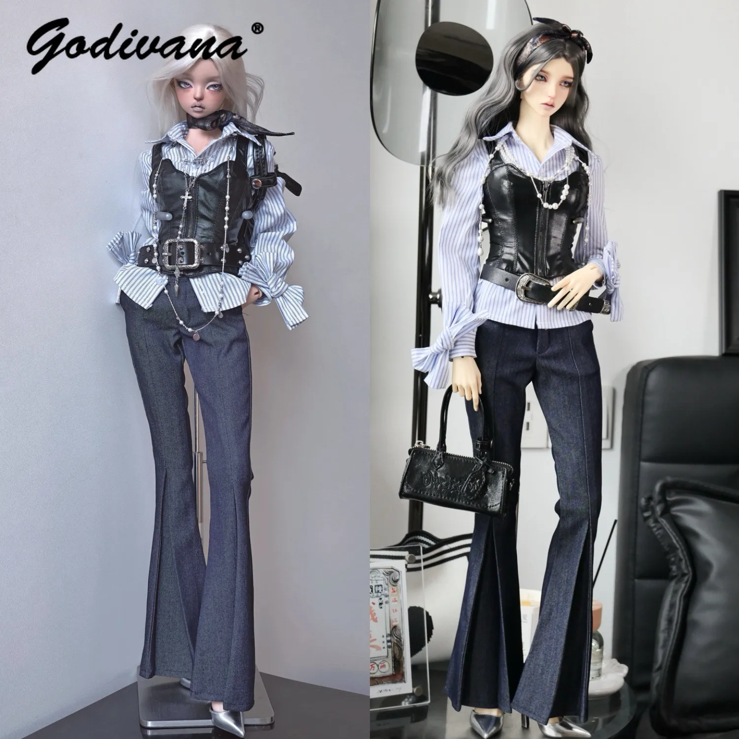 1-3-large-female-bjd-doll-daily-clothes-elegant-high-end-faux-leather-vest-and-striped-long-sleeve-shirt-with-flare-denim-jeans