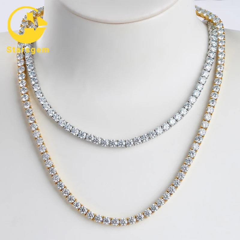 

Sliver 925 Gold Plating Color Chain With 3mm 4mm Blue Color Moissanite Tennis Necklace