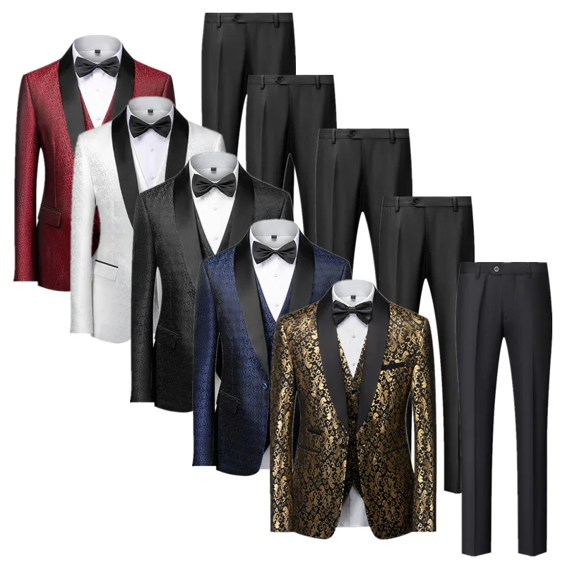 Traje de boda de lujo para hombre, conjuntos de vestido de esmoquin Jacquard clásico, color dorado, negro, burdeos y blanco