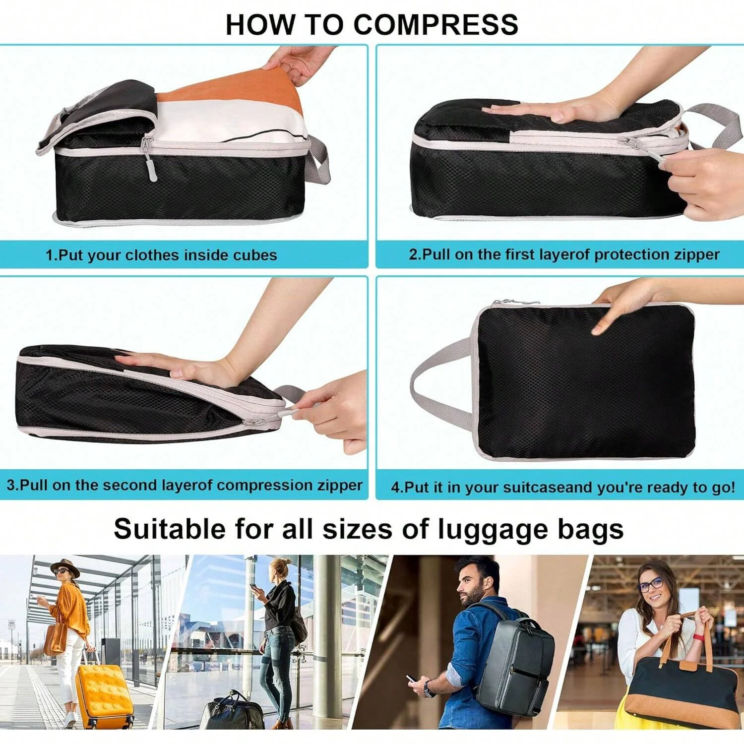 Set/6 Stück komprimierbare Verpackung Reise Aufbewahrungstasche Würfel wasserdichter Koffer Nylon tragbar mit Handtasche Gepäck Organizer Ryanai – Detail 7